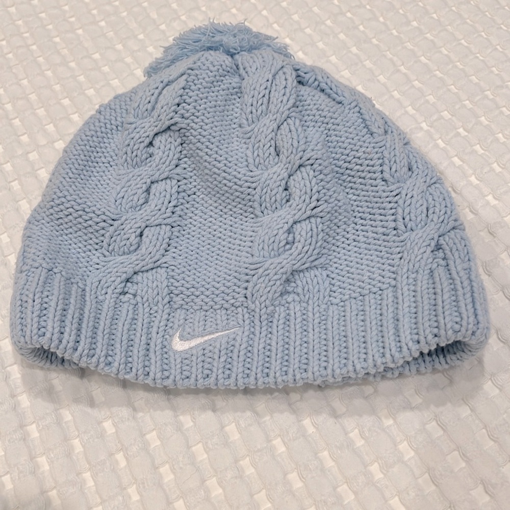 Light Blue Nike Swoosh Cable Knit Pom Beanie OS